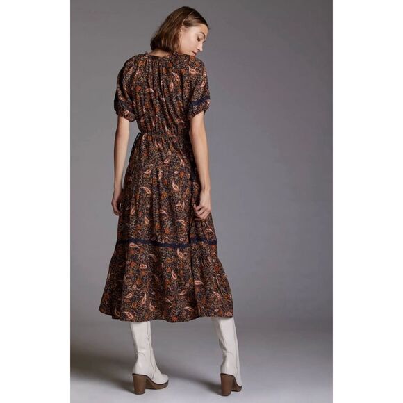 SOLD🚫 Anthropologie By the River Women’s Small Floral Puff Sleeve Midi Dress - Picture 4 of 13